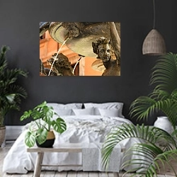 «Италия. Рим. Фрагмент фонтана  Черепаха» в интерьере современной спальни с черными стенами