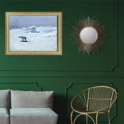 «A Polar Bear Hunting in Moonlit Night, 1899» в интерьере классической гостиной с зеленой стеной над диваном