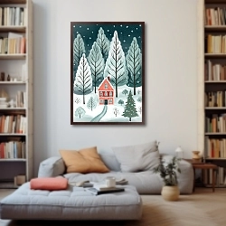 «Новогодняя иллюстрация с домиком в лесу» в интерьере 