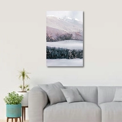 «Туманные горы в Альпах, Италия» в интерьере светлой гостиной в скандинавском стиле