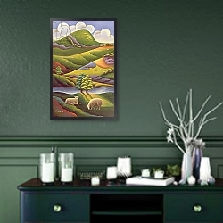 «In the Highlands, 1987-93» в интерьере прихожей в зеленых тонах над комодом