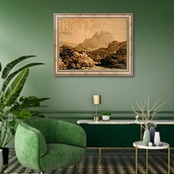 «Mountainous Landscape, c.1780» в интерьере гостиной в зеленых тонах