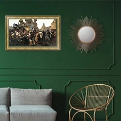 «Утро стрелецкой казни. 1881» в интерьере классической гостиной с зеленой стеной над диваном