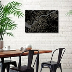 «План города Оттава, Канада, в черном цвете» в интерьере столовой в скандинавском стиле с кирпичной стеной