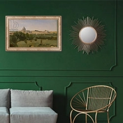 «View of St. Peter's, Rome, 1826» в интерьере классической гостиной с зеленой стеной над диваном
