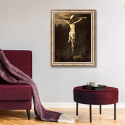 «Christ on the Cross, 1672» в интерьере гостиной в бордовых тонах