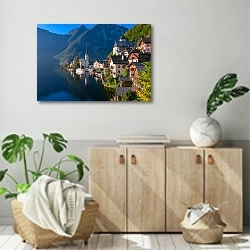 «Австрия, Гальштатт. Вид на утреннюю деревню №2» в интерьере современной комнаты над комодом