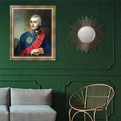 «Portrait of General aide-de-camp Count Pyotr Tolstoy 1799» в интерьере гостиной в оливковых тонах