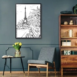 «Париж в Ч/Б рисунках #48» в интерьере в стиле ретро с бирюзовыми стенами