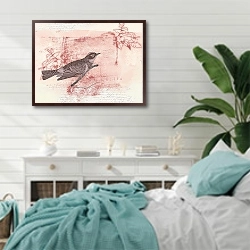 «Старинная открытка с птицей» в интерьере спальни в стиле прованс с голубыми деталями
