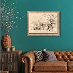 «Пастух с семьей» в интерьере гостиной с зеленой стеной над диваном
