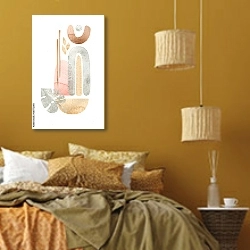 «Композиция с серебряными листьями 3» в интерьере спальни  в этническом стиле в желтых тонах