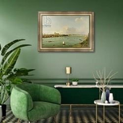 «View of the Thames from South of the River» в интерьере гостиной с розовым диваном