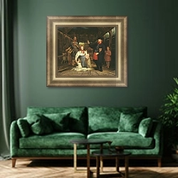«Сбор недоимок. 1869» в интерьере классической гостиной с зеленой стеной над диваном