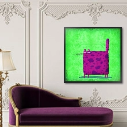 «Фиолетовая квадратная кошка на зеленом фоне» в интерьере в классическом стиле над банкеткой