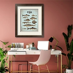 «Ретро плакат с видами рыб 1» в интерьере современного кабинета в розовых тонах