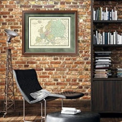 «Карта Европы, включая европейскую часть России 1» в интерьере кабинета в стиле лофт с кирпичными стенами