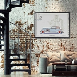«DuPont Motor Cars: Convertible Victoria, 1921» в интерьере двухярусной гостиной в стиле лофт с кирпичной стеной