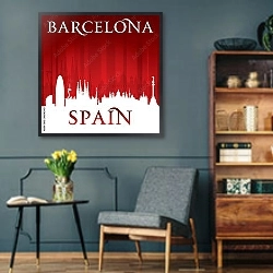 «Барселона, Испания. Силуэт города на красном фоне» в интерьере комнаты в стиле ретро с плетеными корзинами
