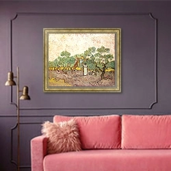 «Сбор оливок» в интерьере гостиной с розовым диваном