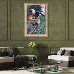 «Giant Heron and Sea Eagle, illustration from'Wildlife of the World', c.1910» в интерьере гостиной в оливковых тонах
