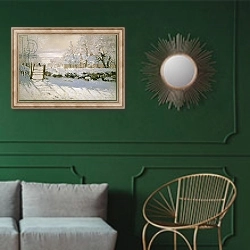 «The Magpie, 1869» в интерьере классической гостиной с зеленой стеной над диваном