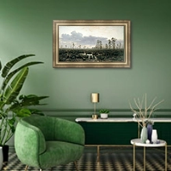 «Утро на болоте» в интерьере гостиной с зеленой стеной над диваном