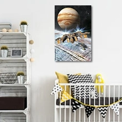 «Космический корабль и лунная база на Венере» в интерьере детской комнаты для мальчика с желтыми деталями