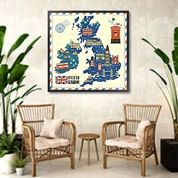 «Великобритания, карта с достопримечательностями» в интерьере комнаты в стиле ретро над тумбой