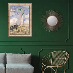 «Woman with Parasol turned to the Left, 1886» в интерьере классической гостиной с зеленой стеной над диваном