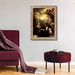 «The Annunciation, 17th century» в интерьере гостиной в бордовых тонах