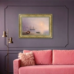 «На берегу 2» в интерьере гостиной с розовым диваном