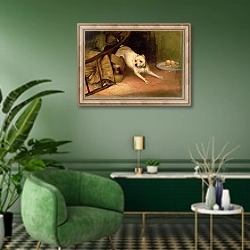 «Dog Chasing a Rat» в интерьере гостиной в зеленых тонах