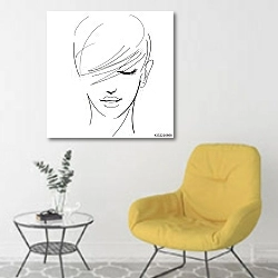 «Портрет девушки с короткой стрижкой» в интерьере комнаты в скандинавском стиле с желтым креслом