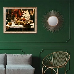«The Supper at Emmaus, 1601 5» в интерьере классической гостиной с зеленой стеной над диваном