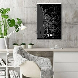 «Темная карта Перта» в интерьере кабинета в скандинавском стиле с бетонной стеной