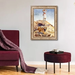 «Elijah and his servant watching for rain on Mount Carmel» в интерьере гостиной в бордовых тонах