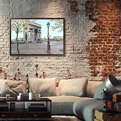 «Триумфальная арка в Париже, скетч» в интерьере гостиной в стиле лофт с кирпичной стеной