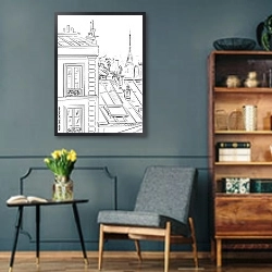 «Париж в Ч/Б рисунках #46» в интерьере в стиле ретро с бирюзовыми стенами
