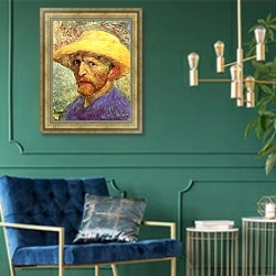 «Автопортрет с соломенной шляпой 3» в интерьере в классическом стиле с зеленой стеной