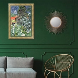 «The Garden of Doctor Gachet at Auvers-sur-Oise, 1890» в интерьере классической гостиной с зеленой стеной над диваном