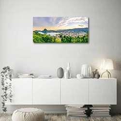 «Швейцария. Летний рассвет над озером Лугано» в интерьере стильной минималистичной гостиной в белом цвете