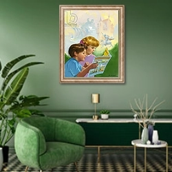 «Boy and girl reading» в интерьере гостиной в зеленых тонах