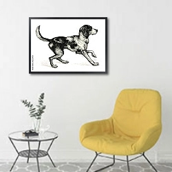 «Ретро иллюстрация с охотничьей собакой» в интерьере комнаты в скандинавском стиле с желтым креслом