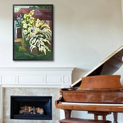 «Shrubbery in Bloom» в интерьере классической гостиной с зеленой стеной над диваном