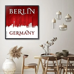 «Берлин, Германия. Силуэт города на красном фоне» в интерьере комнаты в стиле ретро с плетеными корзинами