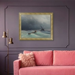 «Буря на море 3» в интерьере гостиной с розовым диваном