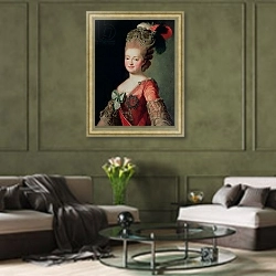 «Portrait of Maria Fyodorovna 1» в интерьере гостиной в оливковых тонах