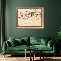 «Seine Boats, St. Ives, Cornwall» в интерьере зеленой гостиной над диваном