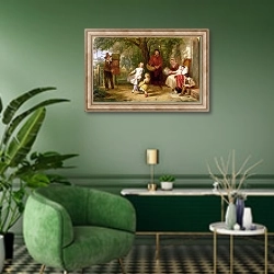 «Sickness and Health, 1843» в интерьере гостиной в зеленых тонах